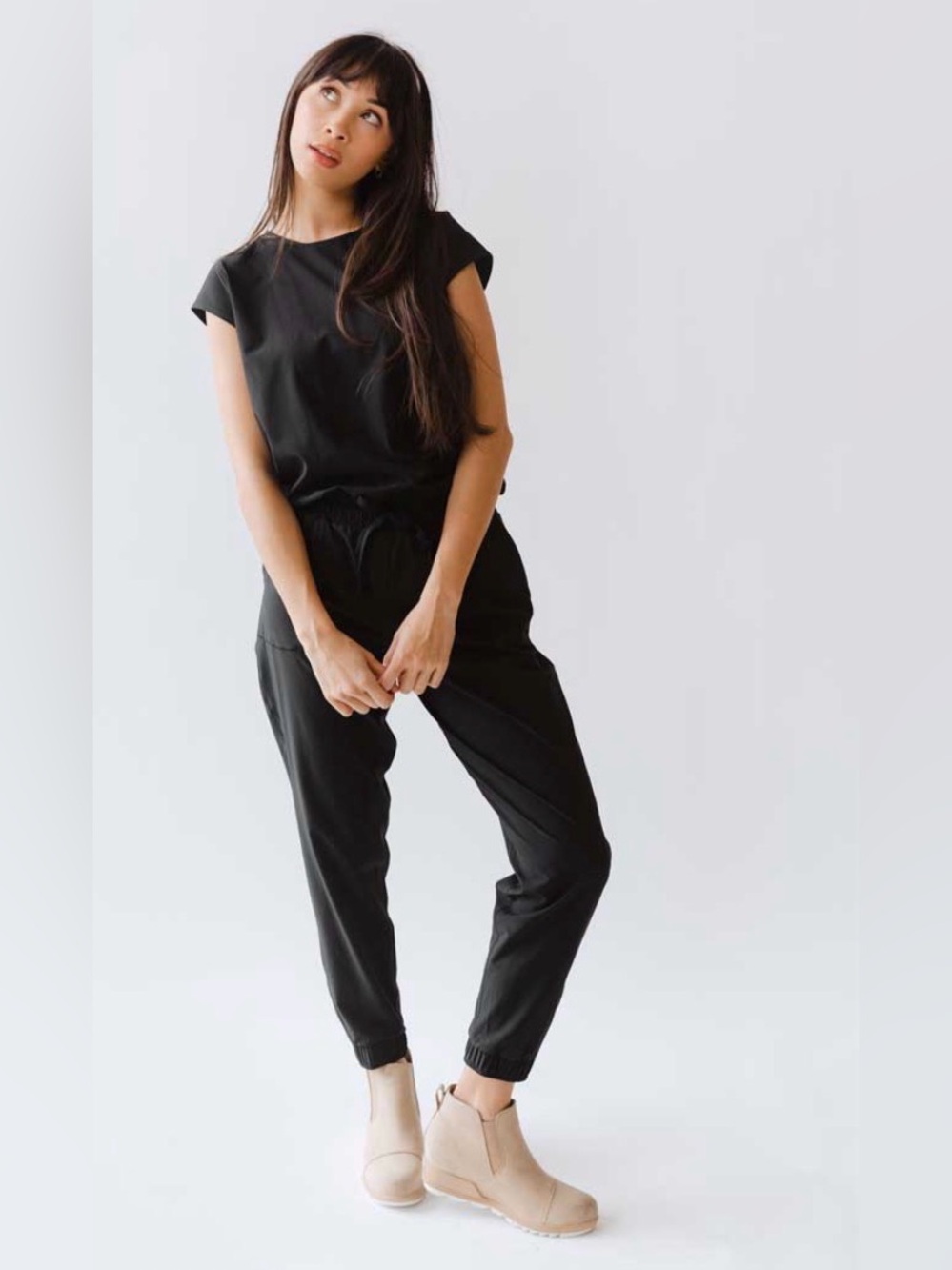 ALBION FIT Jumpsuit Ankle Zip Elastic Waist Black Size Small EUC